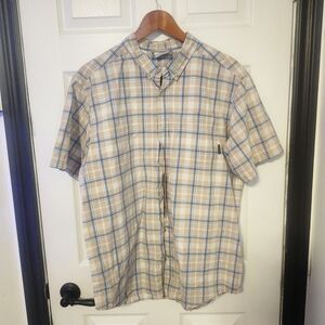 Dads Columbia Men's Tan and Light Blue Checkered Shirt